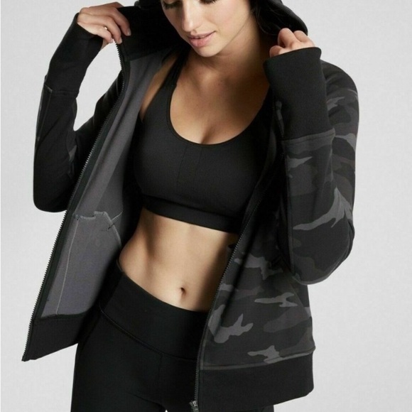 Athleta NWT Triumph Black Grey Camo Hoodie Jacket Size Small - Picture 1 of 12